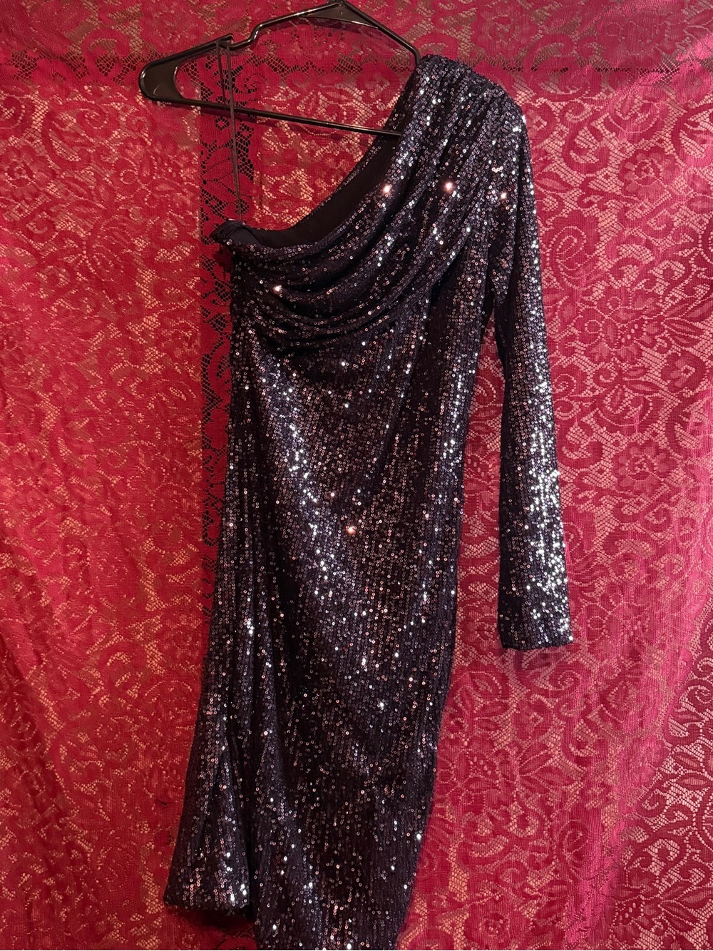 Sequined One-Shoulder Mini Dress Draped Party Glam Medium